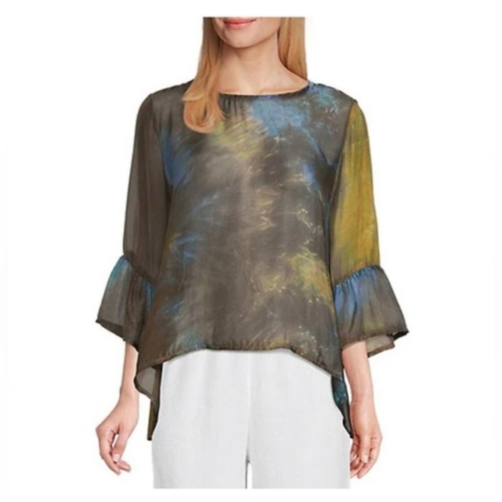 Bryn Walker Green and Blue Asymmetrical Ruffled Blouse